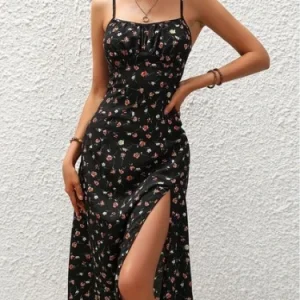 New Polka Dot Print Suspender Dress Summer Sexy Slit Long Dresses For Womens Clothing