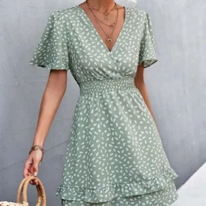 V Neck For Women Fashion Floral Slim Short Female Lotus Leaf Sleeve Elegant Mini Dress