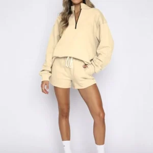 Women's Solid Color Pullover Long Sleeve Sweatshirt Shorts Set