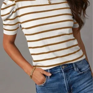 Striped Round Neck Puff Sleeve Knit Top